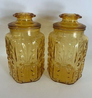 Set Of 2 Vintage 1950’s - 1960’s L.  E Smith Indiana Amber 9” Glass Canisters