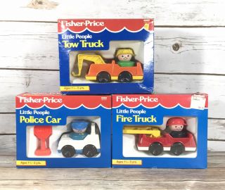 Vintage Fisher Price Little People Police Car Fire Truck Tow Truck 2381 - 83 Rare