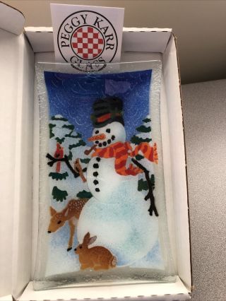 Peggy Karr Fused Glass Snowman & Deer 9.  75 X6 " Tray Plate Ec