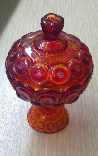 Amber Red Moon And Stars Glass Compote Dish With Lid 9 1/2 " Tall.  (4)