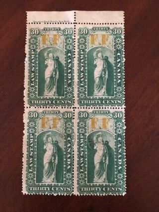 Ol19 Upper Canada,  Ontario Law Revenue Stamp,  Block Of 4 1864 30 Cents Ff