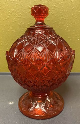 Vintage Fenton Old Virginia Glass Amberina Covered Candy Dish Compote Red Orange