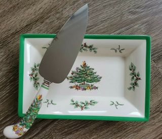 Spode Christmas Tree Retangular Dessert Plate Tray And Cake Slicer Vtg