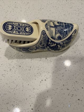 Vintage Delft Blue Wooden Holland Windmill Shoes With Brush 5” Shoe Polish.