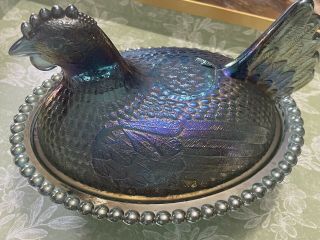 Vtg Teal Blue Green Irridescent Carnival Glass Hen On A Nest Chicken Dish Mintt