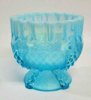 4 " Vintage Blue Opalescent Pedestal Ruffled Ribbed Glass Nut Bowl Candy Dish