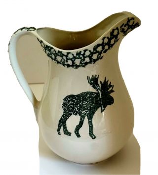 Folk Craft Moose Country Pitcher Ceramic Ivory Green Cabin Lodge Tienshen.  64 Oz