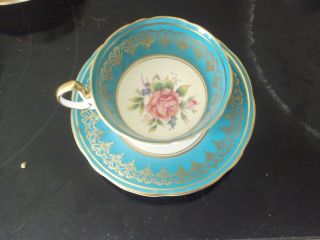 Aynsley Numbered Cup & Saucer Set - Turquoise With Rose Pattern - Mnt