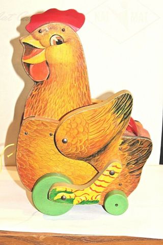 Vintage Fisher Price 123 The Cackling Hen Wooden Pull Toy 1960 