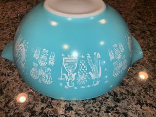 Vtg.  Pyrex 4 Quart Turquoise Blue Amish Butterprint 444 Cinderella Mixing Bowl