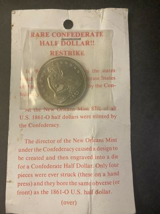 Restrike Of The 1861 Confederate Half Dollar Coin On Card Csa Civil War