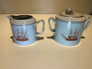 Spode Trade Winds Red Ships Creamer And Sugar With Lid Set W128 Nautical