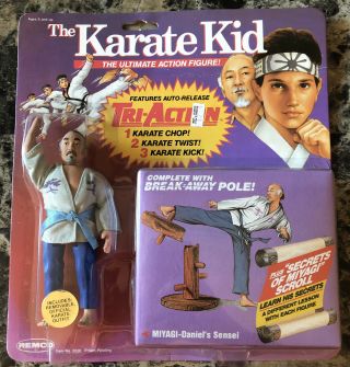 Vintage 1986 Remco Karate Kid Figure,  Miyagi With Breakaway Pole,  Moc