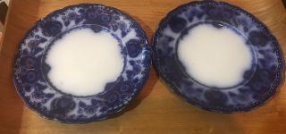 2 Wharf Pottery England Seville Pattern Flow Blue Semi Porcelain Plates 8”