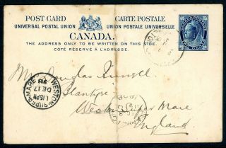 Canada 1898 Qv Postal Stationery 2c Blue Upu Pc (ux21) - Hamilton To Weston Eng