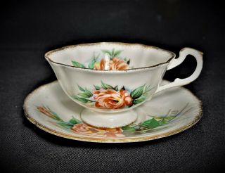 Paragon China England 1 - Footed Teacup & Saucer Set Peach Rose Signed Dany Robin