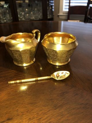 Vintage Stouffer Fine China Cream And Sugar Bowl Set Floral Etched Gold Plated
