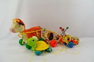 Fisher Price Queen Buzzy Bee Little Snoopy Turtle Cow Vintage 60s 70s Pull Toys