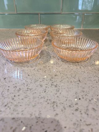Set Of 6 Anchor Hocking Pink Depression Glass Queen Mary 4 1/4 " Small Fruit Bowl
