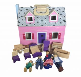 Melissa & Doug Fold And Go Pink Wooden Doll House W/ Furniture Accessories Dolls