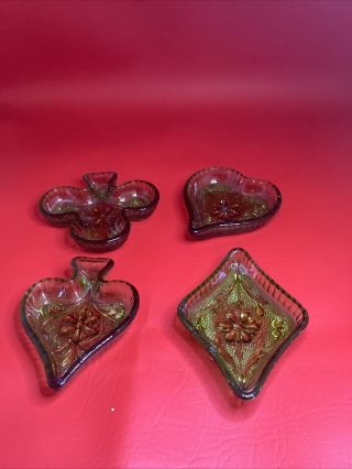 Set Of 4 Tiara Indiana Green Glass Card Suit Nut Candy Trinket Dishes Ash Trays