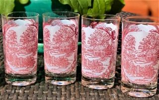 4 Royal China Pink Memory Lane 8 Oz Short Glass Tumblers - Set Of Four