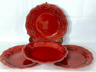 Set Of 4 Pioneer Woman Paige Red Salad Plates Beaded Edge,  Scrolls Xlnt Cond 8 "