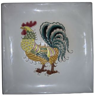 Hand Painted Majolica Rooster Square Serving Platter 1324/5 11 1/4”h X 11 1/4”w
