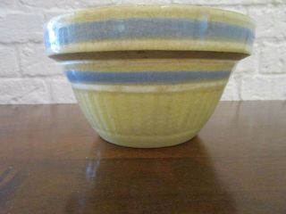 Vtg Yellow Ware Stoneware Pottery Mixing Bowl Blue Strips Ribbed 5 1/2 " X 3 "