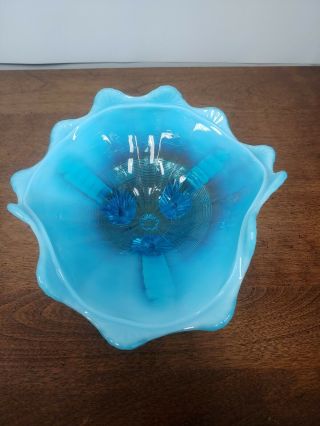 Northwood Blue Opalescent Klondike Fluted Scroll Three Footed Bowl - Gorgeous