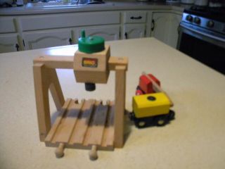 Vintage Brio Wooden Railway Overhead Dual Track Magnetic Crane With 2 Cars