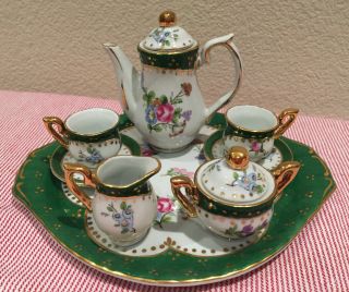 Miniature Porcelain Child’s Doll Tea Set: French Style Green Floral,  10 Pc.