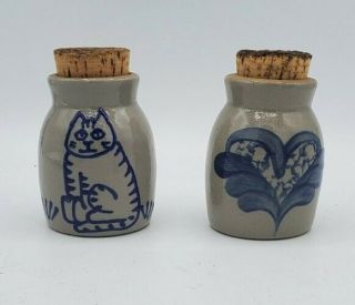 Set Of 2 Bbp Beaumont Brothers Salt Glazed Pottery With Cork Cat Flower Crock