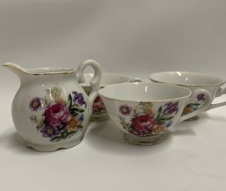 Vintage Tea Cup Set Rose Pattern Floral 3 Cups Mugs And Pot Milk Jug Mini Retro
