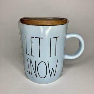 Rae Dunn “let It Snow” Light Blue Mug With Snowflake Wood Coaster/lid