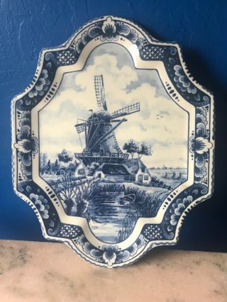 Unique Delft Wall Plate Plaque Blue Windmill Jasmyn Holland 8.  5/8 " X 7 "