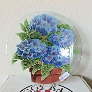 Peggy Karr Fused Glass 8 1/2 " Hydrangea Bowl Hydrangea In Pot W/ Box