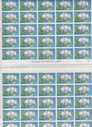 Barbados - 1974 - 1¢ Orchid Sheet Of 50 Stamps - Mnh - Folded At Gutter