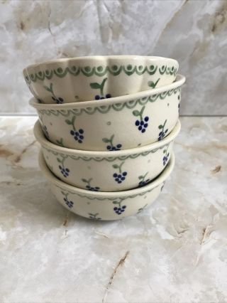 Vtg Set Of 4 Polish Pottery Bowls Blue Grapes Boleslawec Hand Made