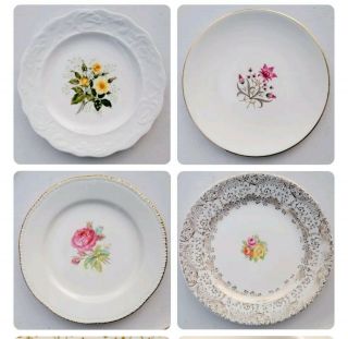 4 Mismatched China 6 " Bread Dessert Plates - Pink & Yellow Florals On Ivory Gold