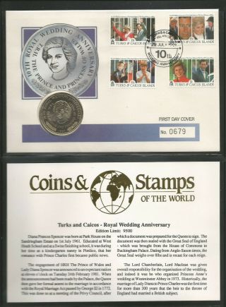 Turks & Caicos 1991 1 Crown Coin Cover Royal Wedding Charles & Diana Ltd Edition