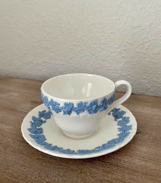 Vintage Wedgwood Queensware Cup & Saucer - Blue On White - Embossed - England