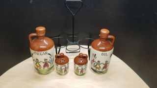 Vintage RELCO JAPAN Brown Jug Dutch Girl Boy Vinegar & Oil Set w metal holder 2