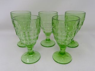 Set Of 5 Green Uranium Glass Hazel Atlas Colonial Block 5 3/4 " Water Goblets