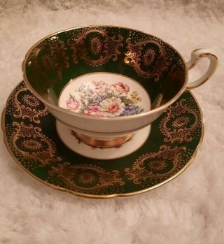 Vintage Paragon Green Gilt Floral Teacup And Saucer