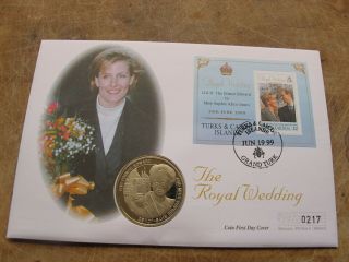Turks & Caicos 1999 5 Crown Coin Cover - Royal Wedding - Prince Edward & Sophie V2