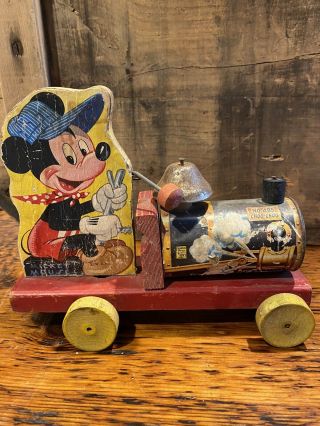 Vintage Fisher Price Walt Disney Mickey Mouse No.  485 Choo - Choo Wooden Pull Toy