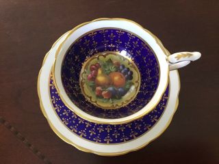 Ornate Royal Stafford Cobalt Blue Teacup W Orchard Fruit Center