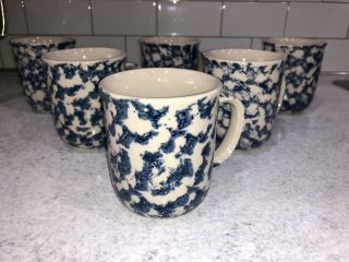 Set Of 6 Vintage Folk Craft Hearts Blue Sponge Coffee Cup Mug Made By Tienshan