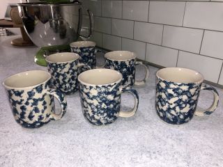 Set Of 6 Vintage Folk Craft HEARTS Blue Sponge Coffee Cup Mug Made by Tienshan 2